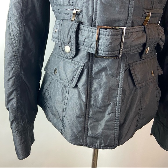 Laundry Shelli Segal Small Genuine Fox Fur Hood Black Zip Up Belted Jacket Coat - Picture 3 of 12